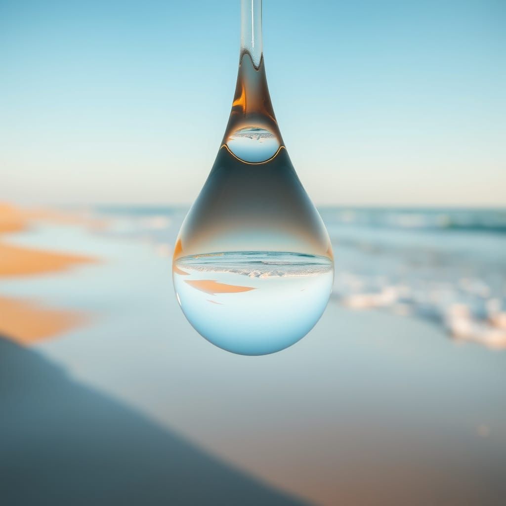 Beach Scene Refracted in Water Droplet as Impressionism