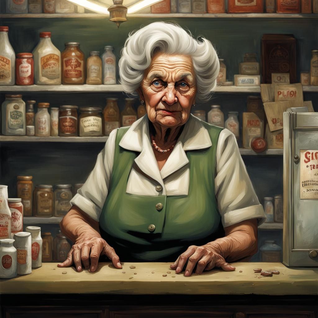 Sinister Elderly Woman in Small Town, Greg Rutkowski Style