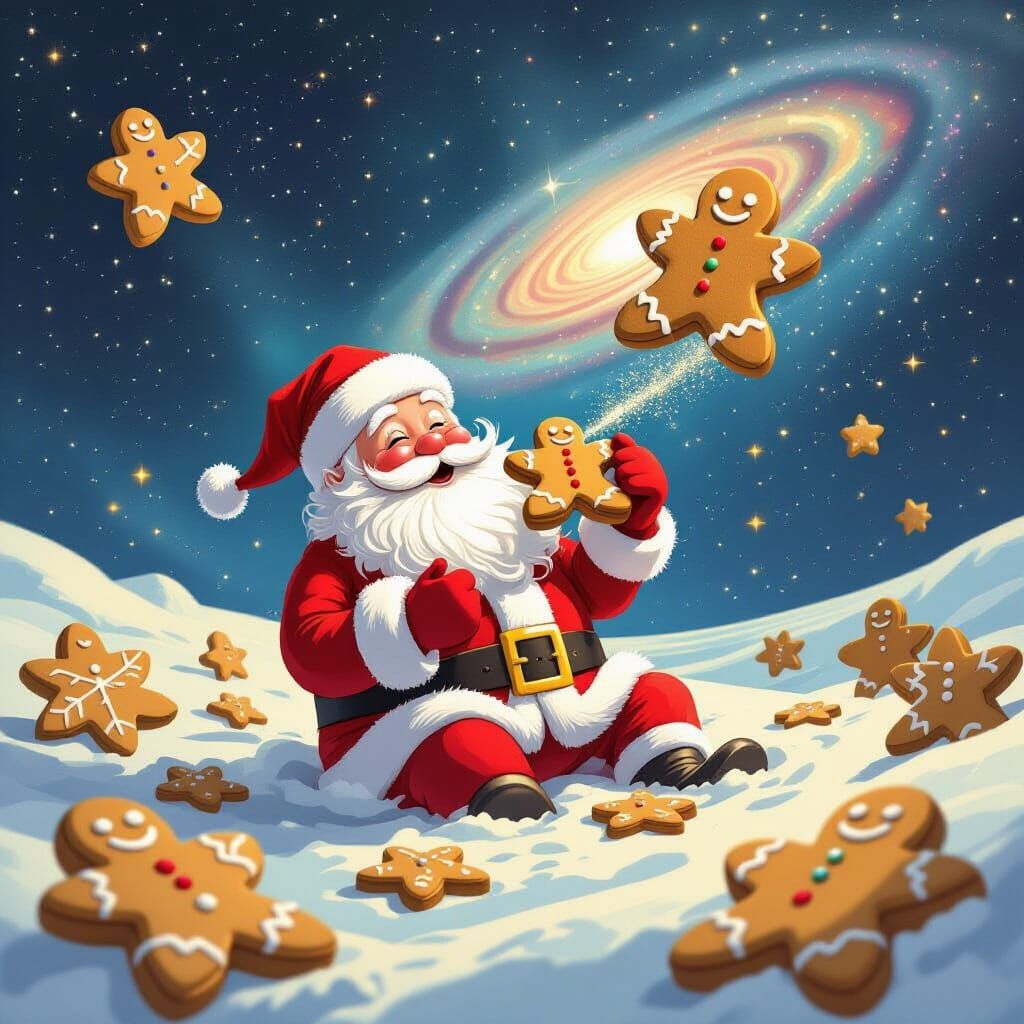 Santa Claus Eats Gingerbread in Zero Gravity Space