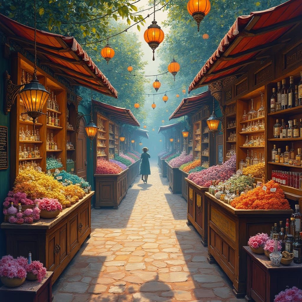 Vibrant Perfume Market in Naive Dreamlike Style