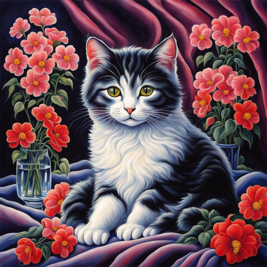 Cute Cat Surrounded by Flowers and Hearts