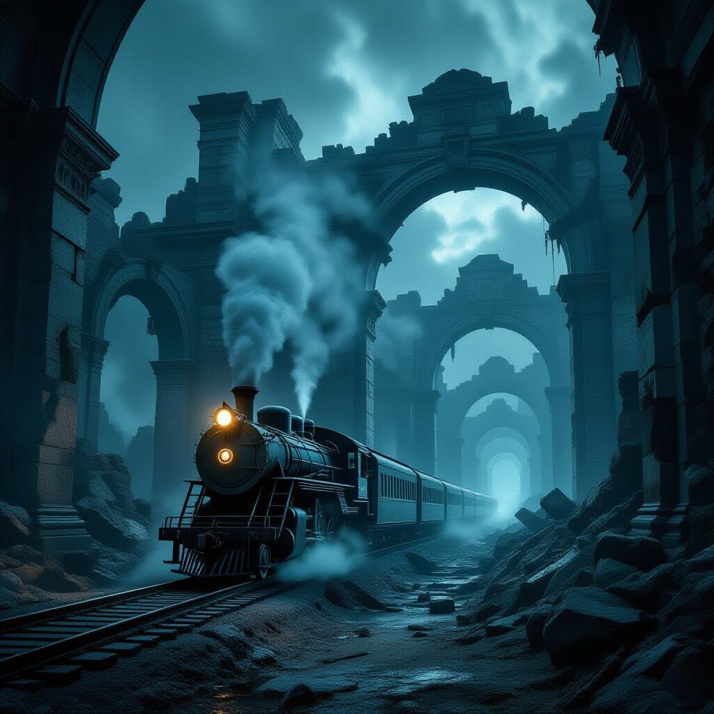 Spectral Train Through Ancient City Ruins