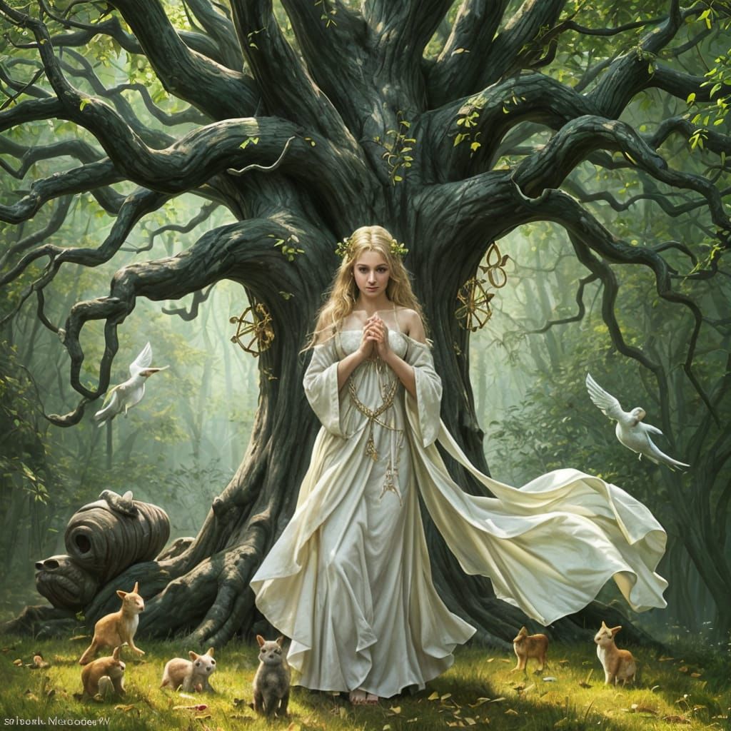 Mystical Blond Priestess in Enchanted Woodland