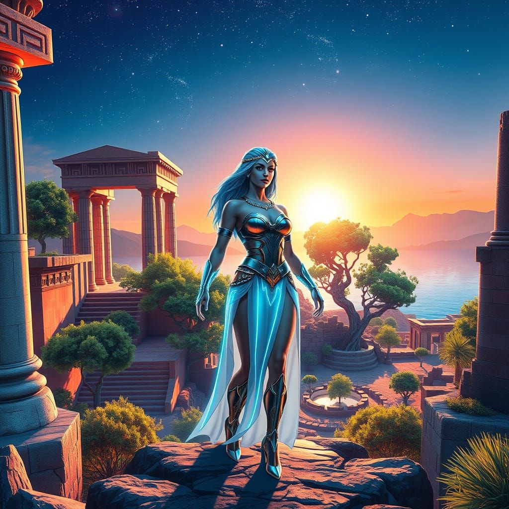 Greek Goddess in Marvel Comics-Style Futuristic Greek Backdr...
