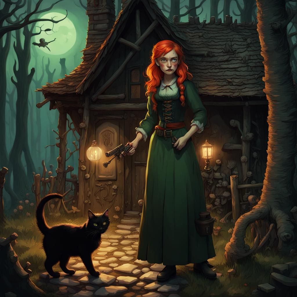 Peasant Girl Stalks Witch in Dark Fantasy Cottage