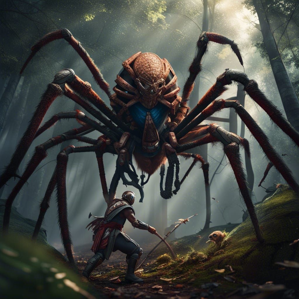 A spartan warrior in the forest attacking a giant spider, hyperrealism, HDR, Unreal Engine 5, photorealistic, anime, sur...