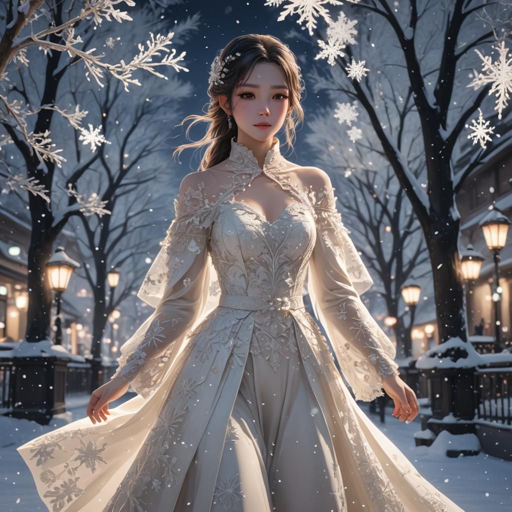Girl in Snowflake Gown in Winter Wonderland