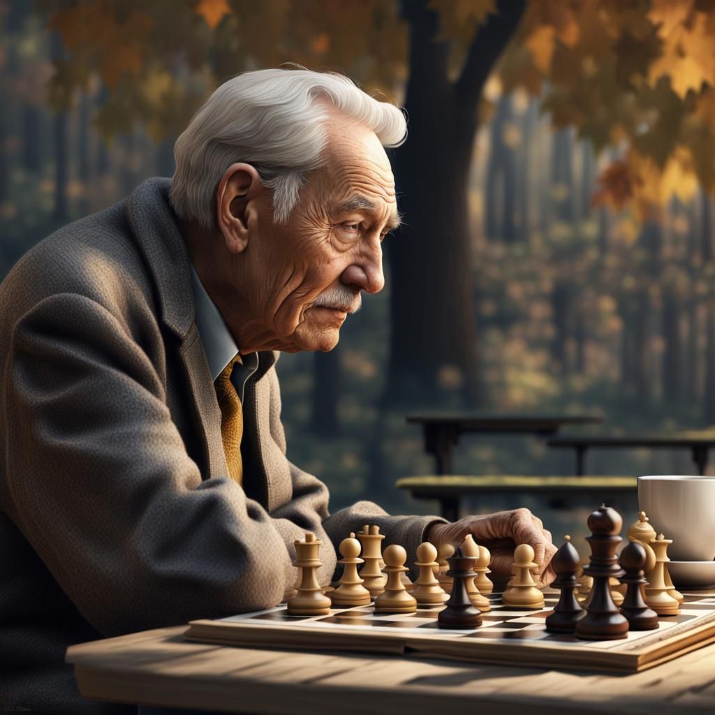 Elderly Man's Intense Chess Game: Hyperrealistic Portrait