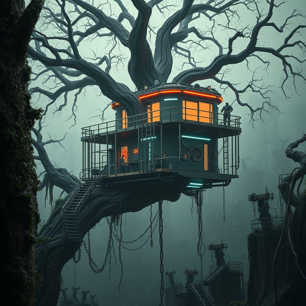 Futuristic Treehouse in a Gnarled, Industrialized Landscape