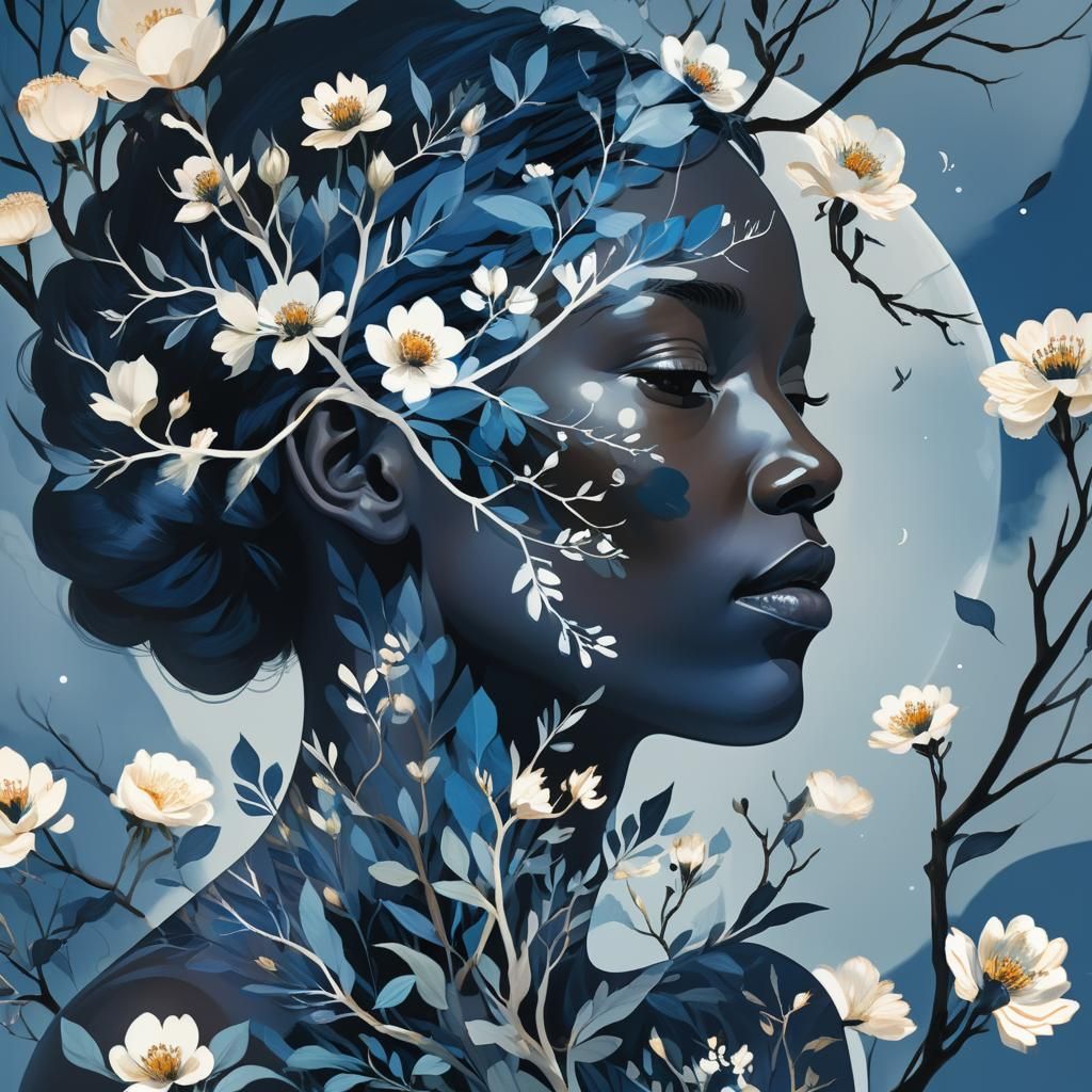 Floral Double Exposure Digital Portrait in Cartoon Style