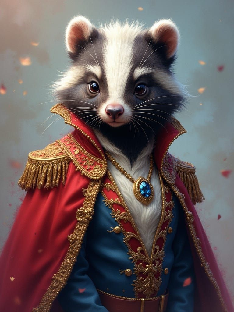 Regal Skunk Prince in Vibrant Watercolor-Inspired Setting