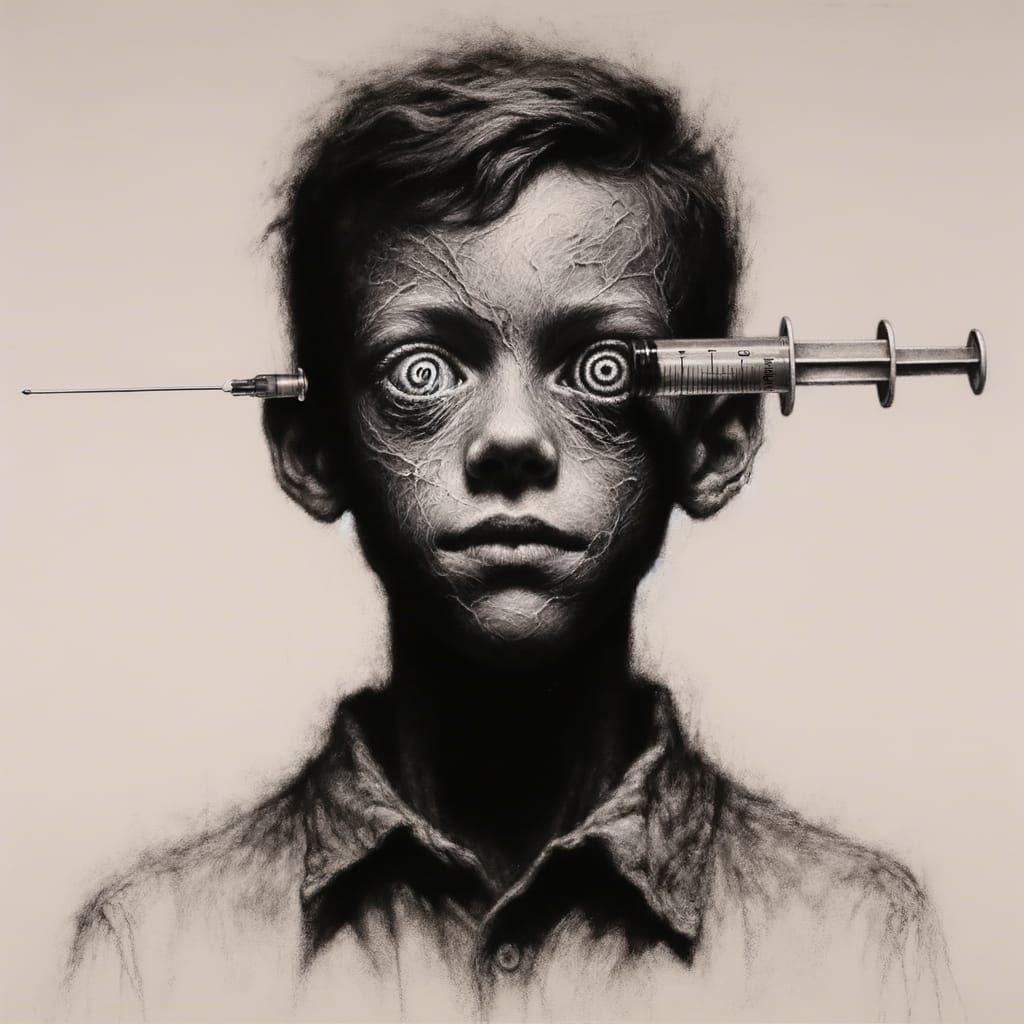Charcoal Drawing of Boy Balancing Hypodermic Needle