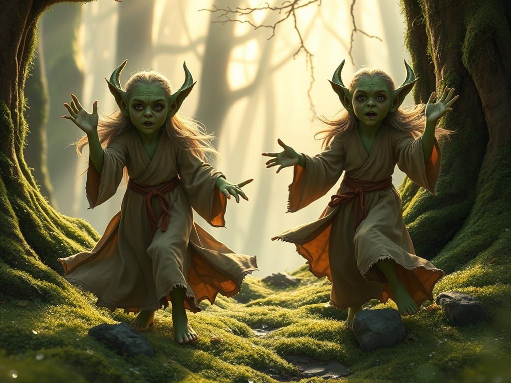 Ogre Girls Dancing at Forest Dawn in Earth Tones