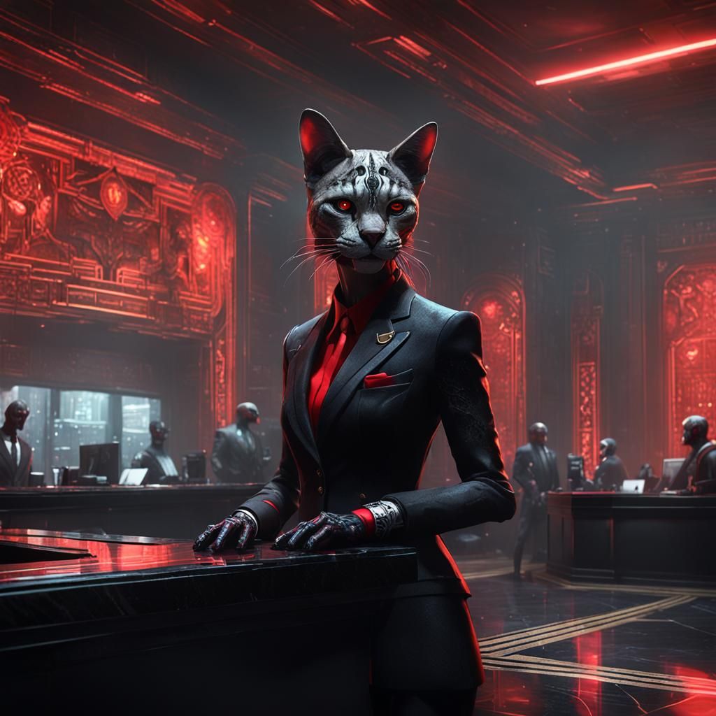 Cyberpunk Tabaxi Receptionist in Black Marble Hall