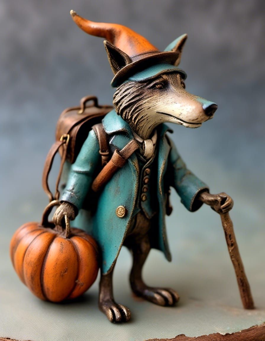 Nostalgic Wolf Wizard with Pumpkin Bag