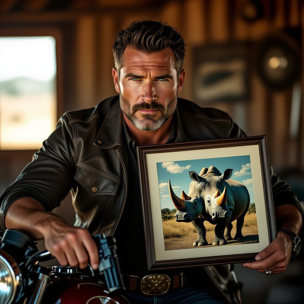 Man with Rhino Picture: Cinematic 35mm Film Aesthetic