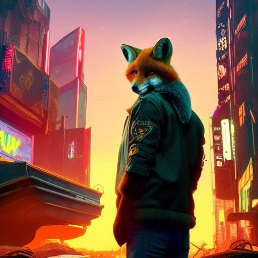 Cyberpunk Fox in Post-Apocalyptic Wasteland