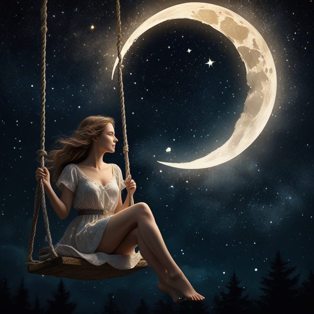 Woman Swinging in Starry Moonlit Night