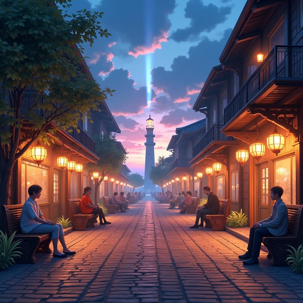 Lighthouse Over Cobblestone Street in 3D Anime Style