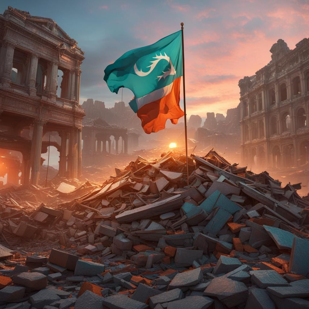 Resilient Flag Waving Over Rubble, Hyperdetailed Concept Art