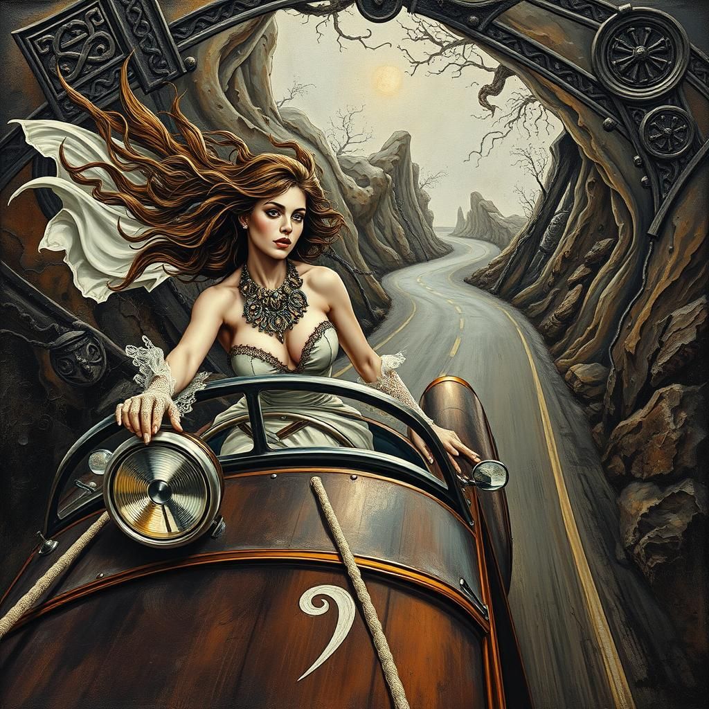 Mystical Woman Drives Roadster in Impasto Surrealism