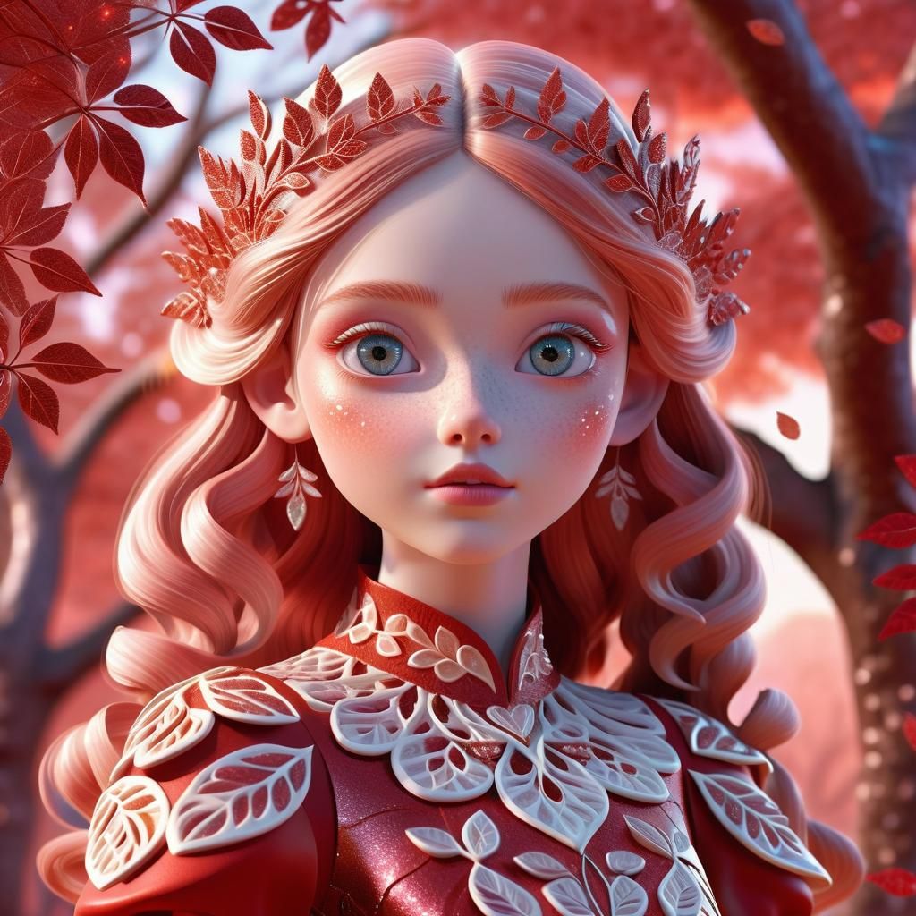 Girl with Reflective Eyes in Red Fairy Dress