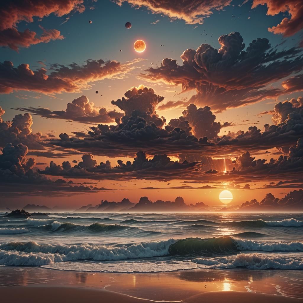 Alien Beach Sunset with Double Suns: Digital Matte Painting