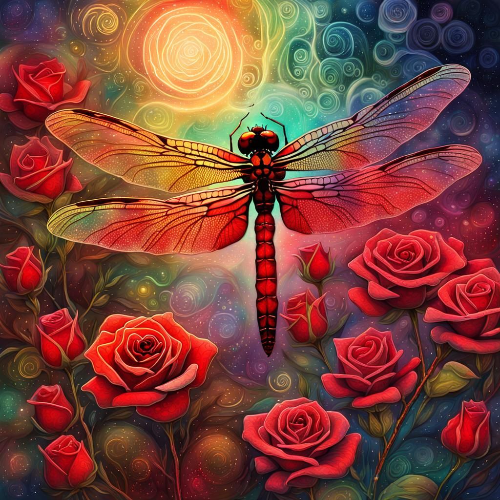 Iridescent Dragonfly Soaring Over a Rose Garden