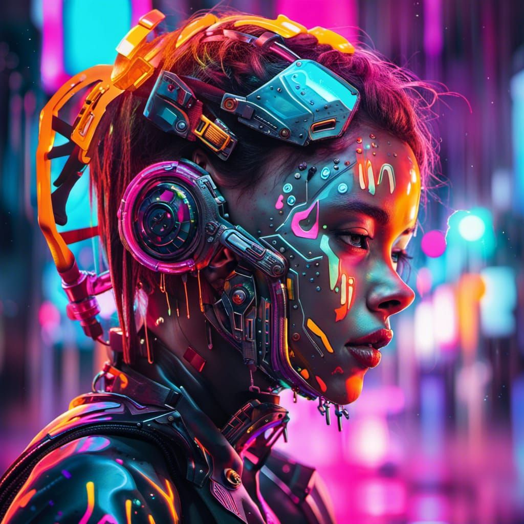 Portrait of a cyborg girl wearing futuristic face armor in a...