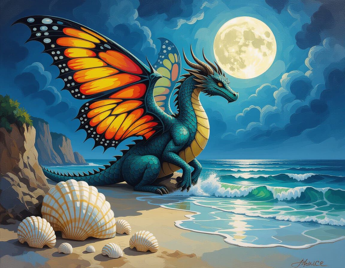 Gothic Dragon With Butterfly Wings on Moonlit Beach
