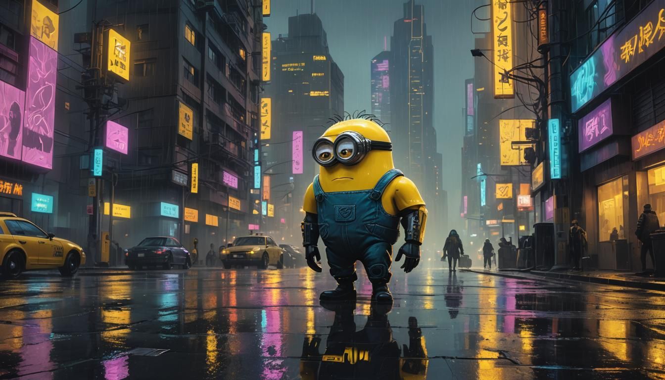 Cyberpunk Minion in Dystopian Cityscape