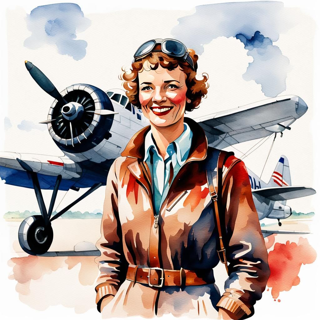 Amelia Earhart Beside Her Plane in Watercolor Style