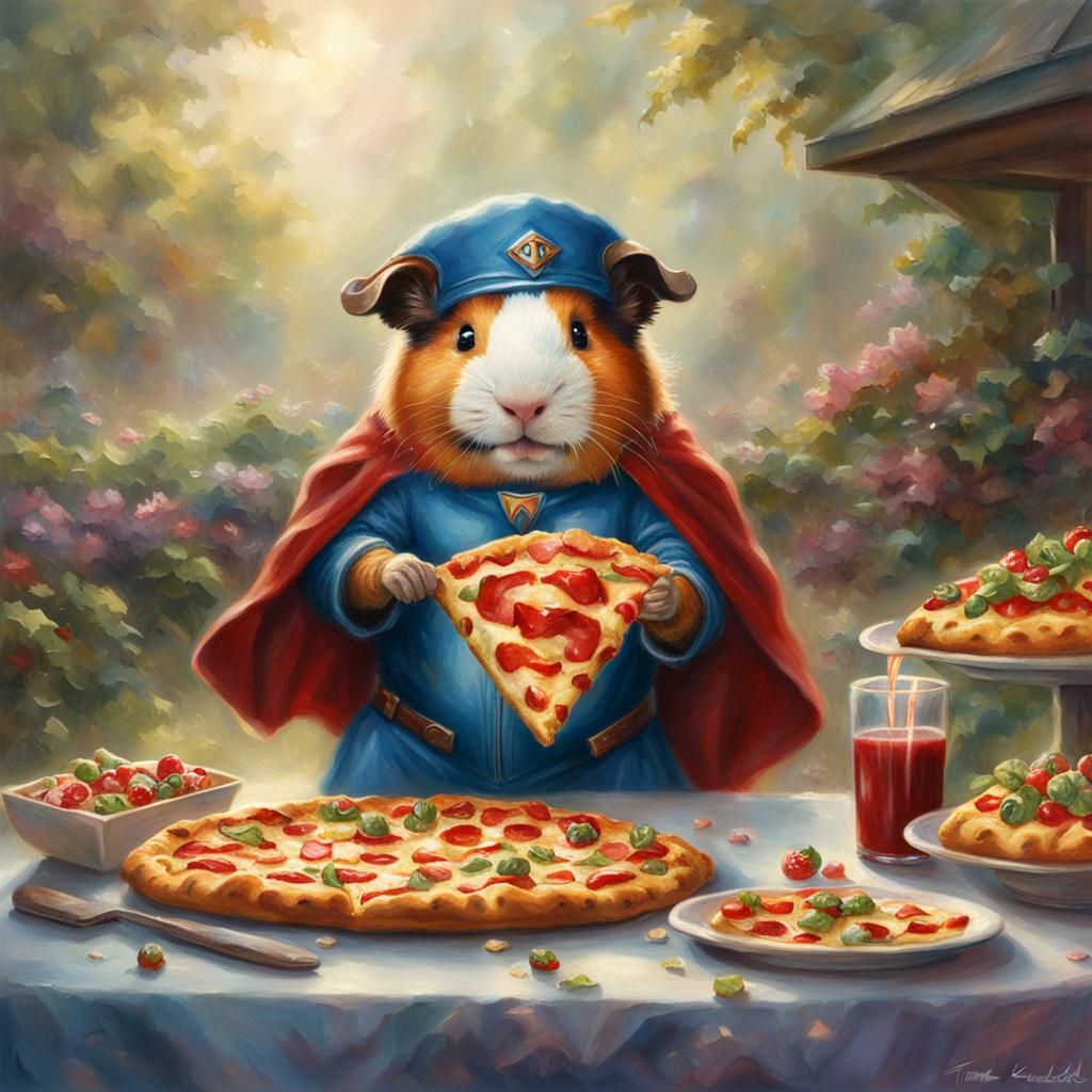 Superhero Guinea Pig Eating Pizza in Fantasy Style