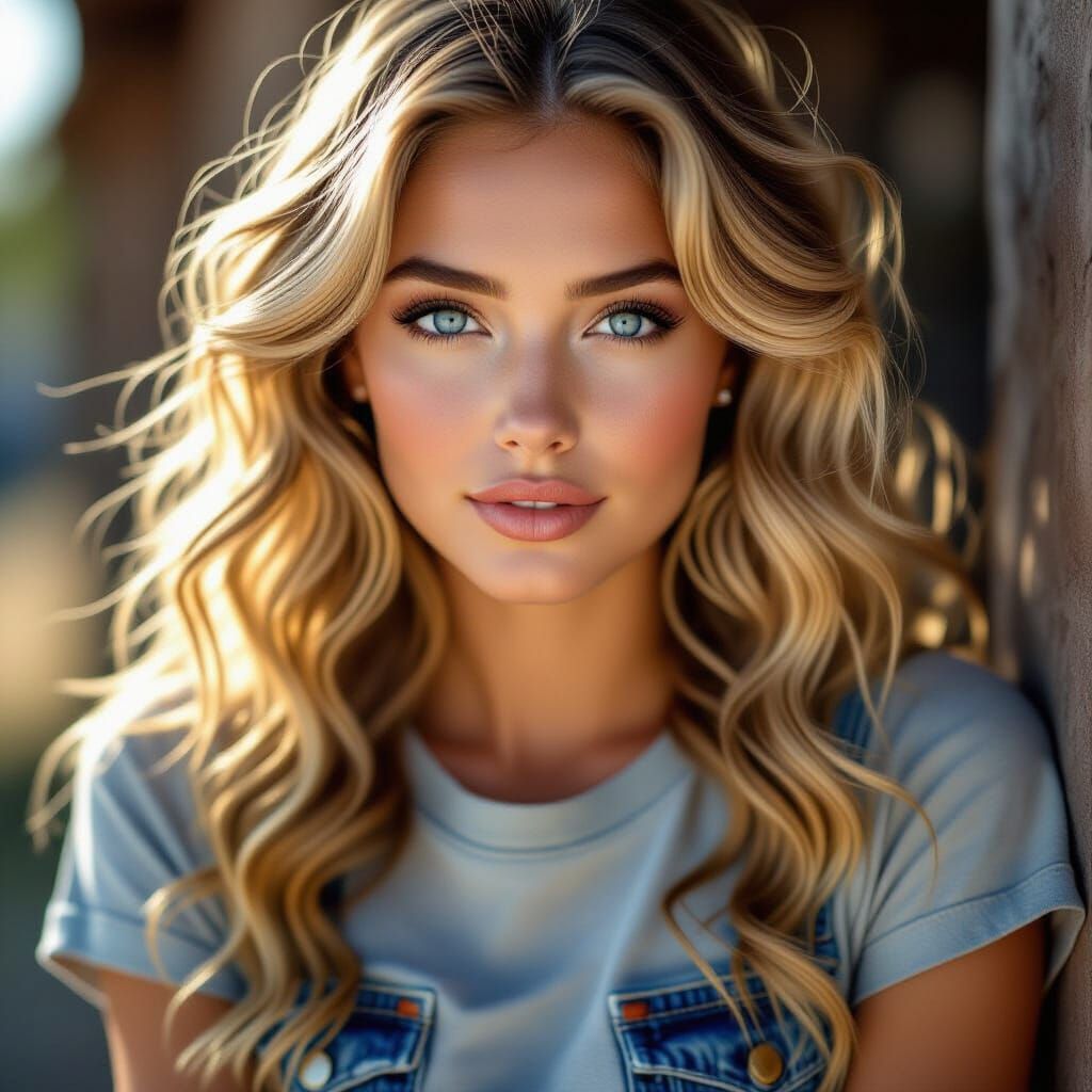 Photorealistic Portrait Of A Woman With Blonde Hair And Blue...