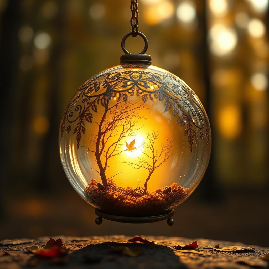 Glass Orb Reflecting Autumn Forest, Mystical Realism