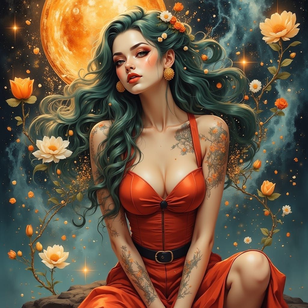 Dreamlike Pinup Goddess in Celestial Realms