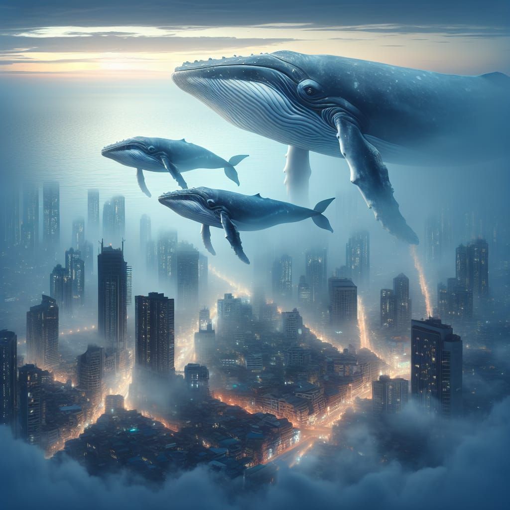 Whales Swim Above Foggy City in Realistic Style
