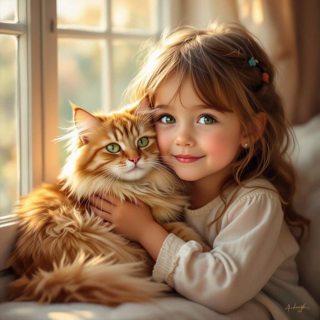 Girl and Ginger Cat in Soft Afternoon Light