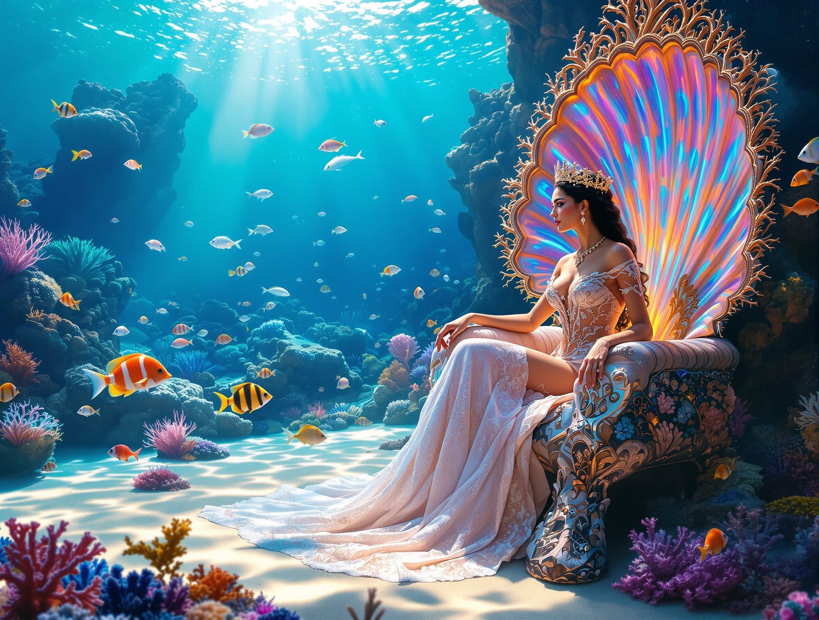 Elegant Queen in Underwater Kingdom as Hyperrealistic Painti...