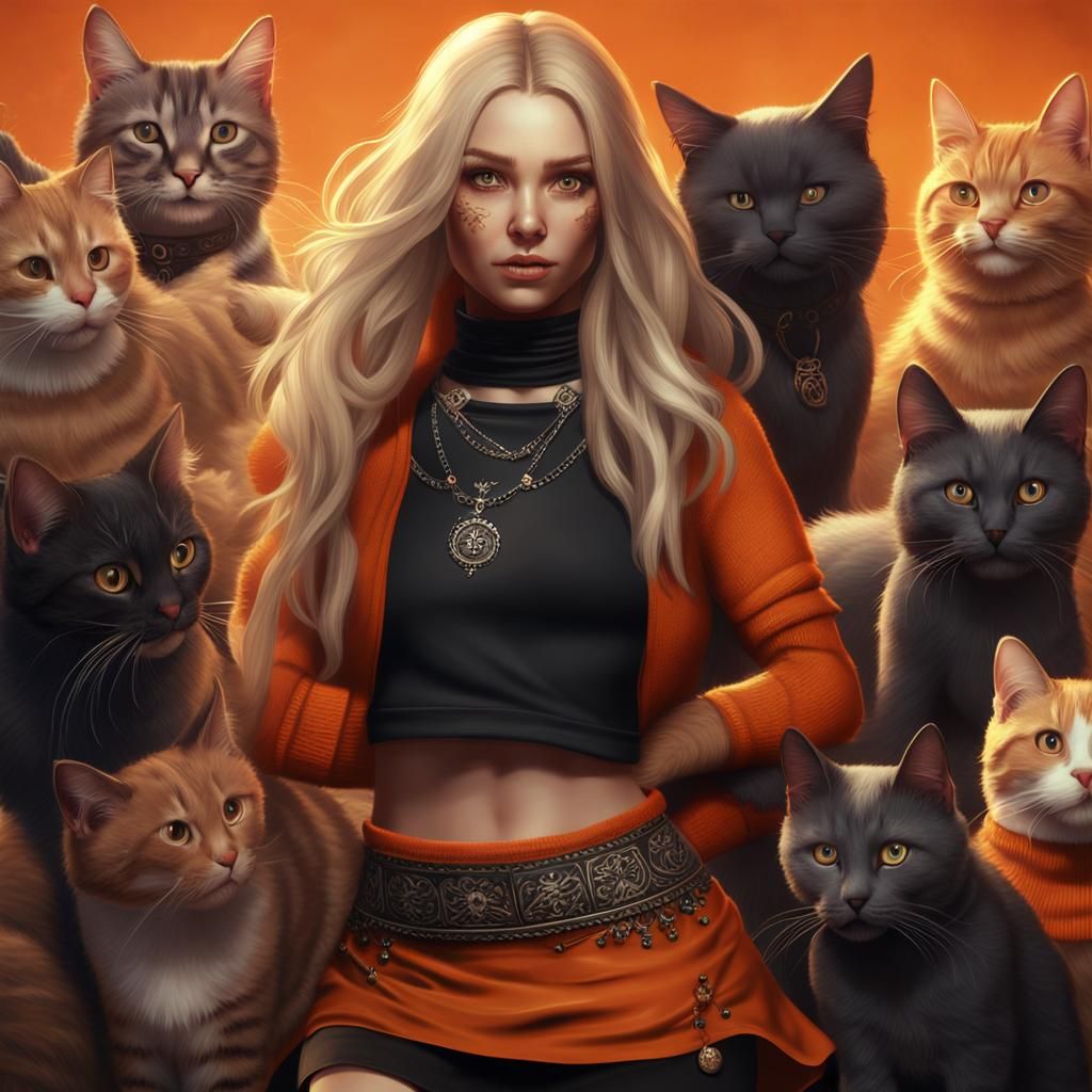 Tattooed Woman Surrounded by Cats: Fantasy Art