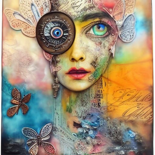 Intricate Encaustic Painting of Eye, Clock and Butterfly