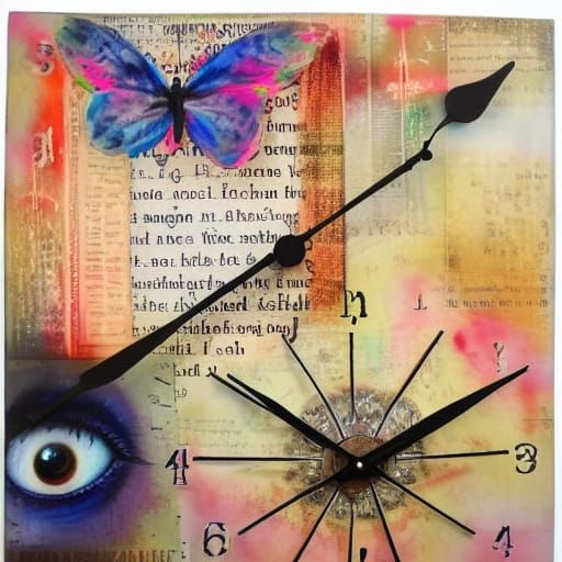 Intricate Encaustic Painting with Butterfly, Clock and Eye