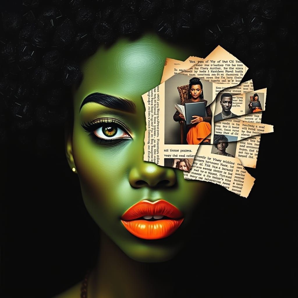 Surreal Green Goddess with Vibrant Orange Lips and Fragmente...