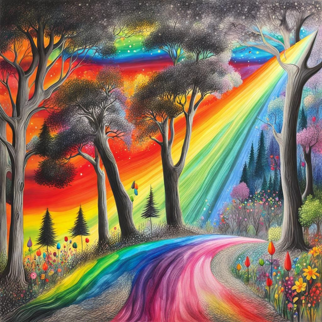 Enchanted forest, trees, flowers,  Kids Crayon drawings ,surreal child's drawing , rayograph ,collection of random b&W o...