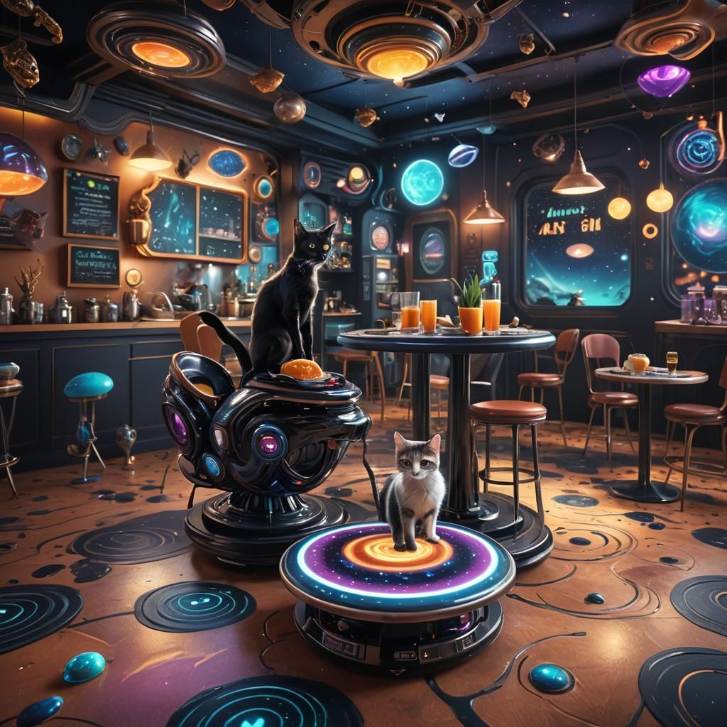 Alien cafe, 2 cats on hover boards , stars and swirls and black holes on floor, planet themed, serving table