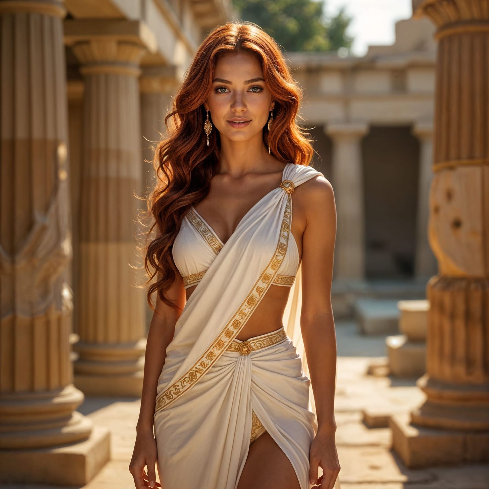 Greek Goddess with Red Hair in Ancient Temple