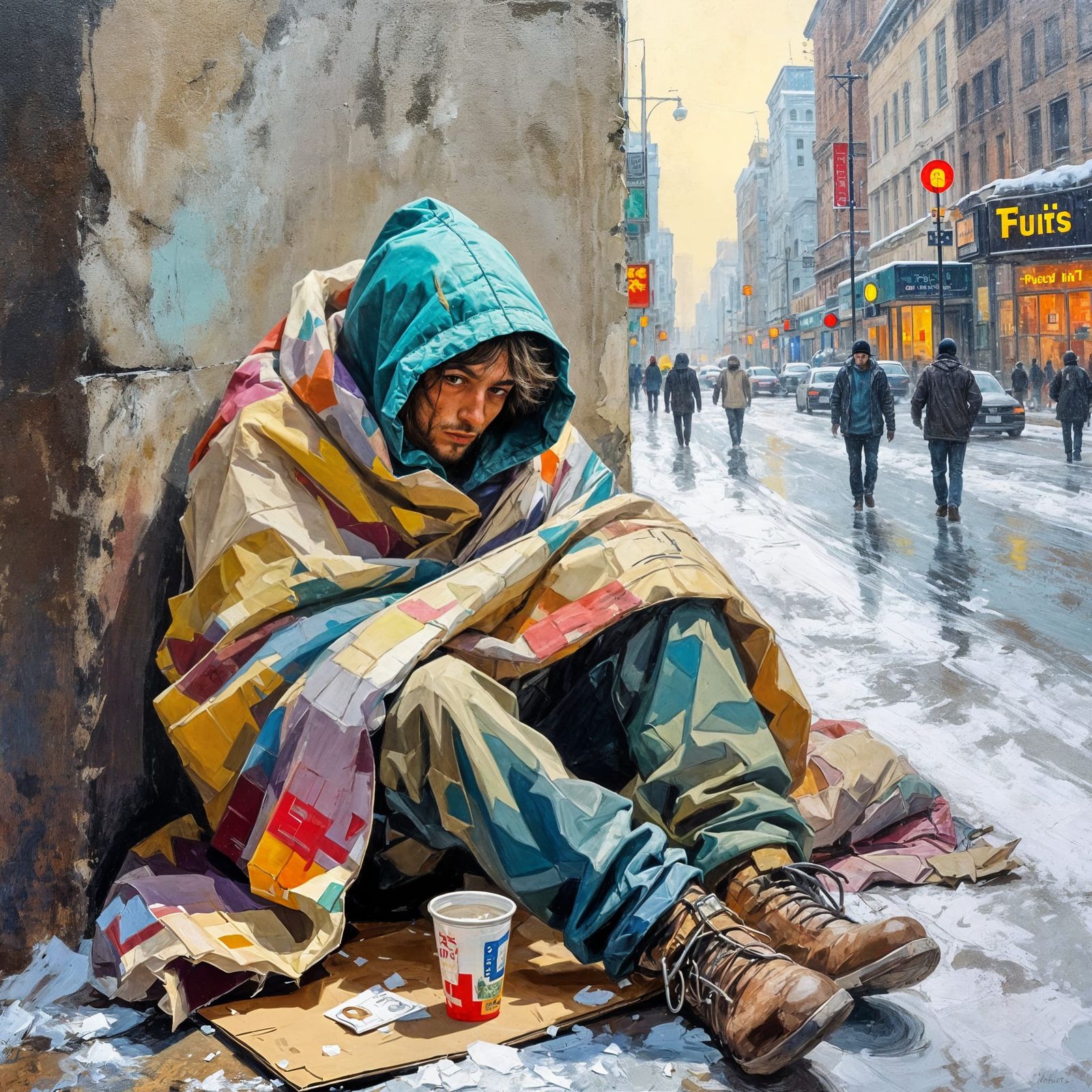 Homeless Youth Seek Shelter: Expressionist Impasto Painting