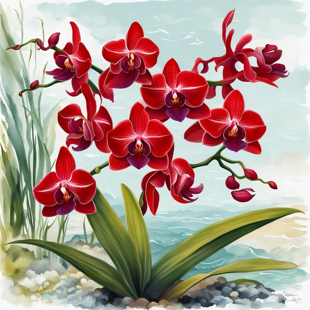 Red Orchid on Enchanted Ocean