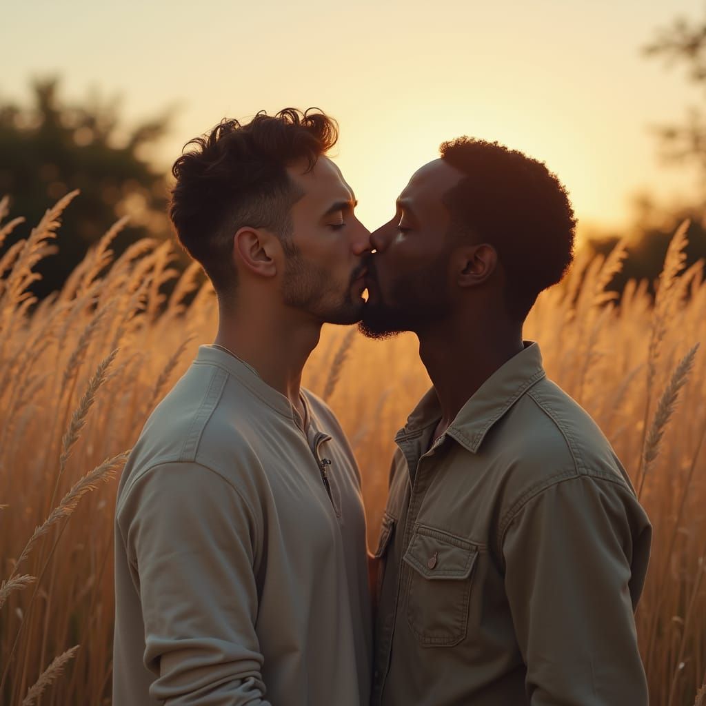 Men in Love Share a Tender Kiss at Golden Hour