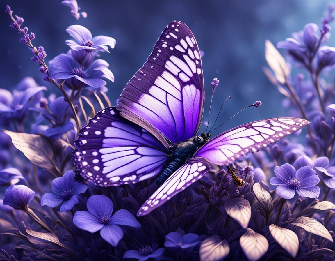 Violet Butterfly on Dead Flower: Detailed Matte Painting